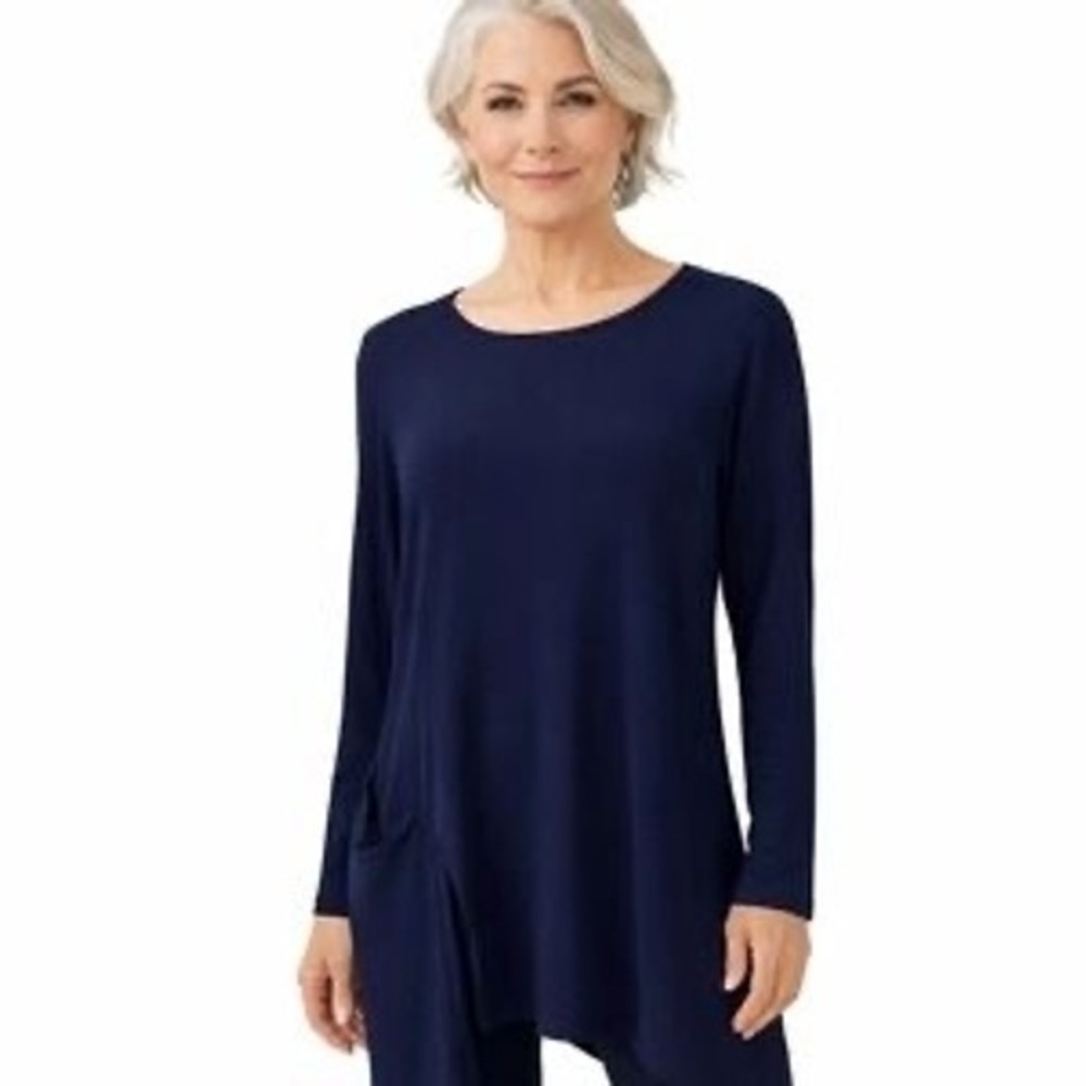 Sympli Tunic‎ Top Size 10 Navy Blue Long Sleeve Side Slits Stretch Jersey Knit
